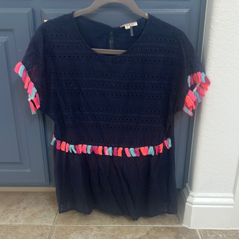 Navy Eyelet Top with Colorful Tassels